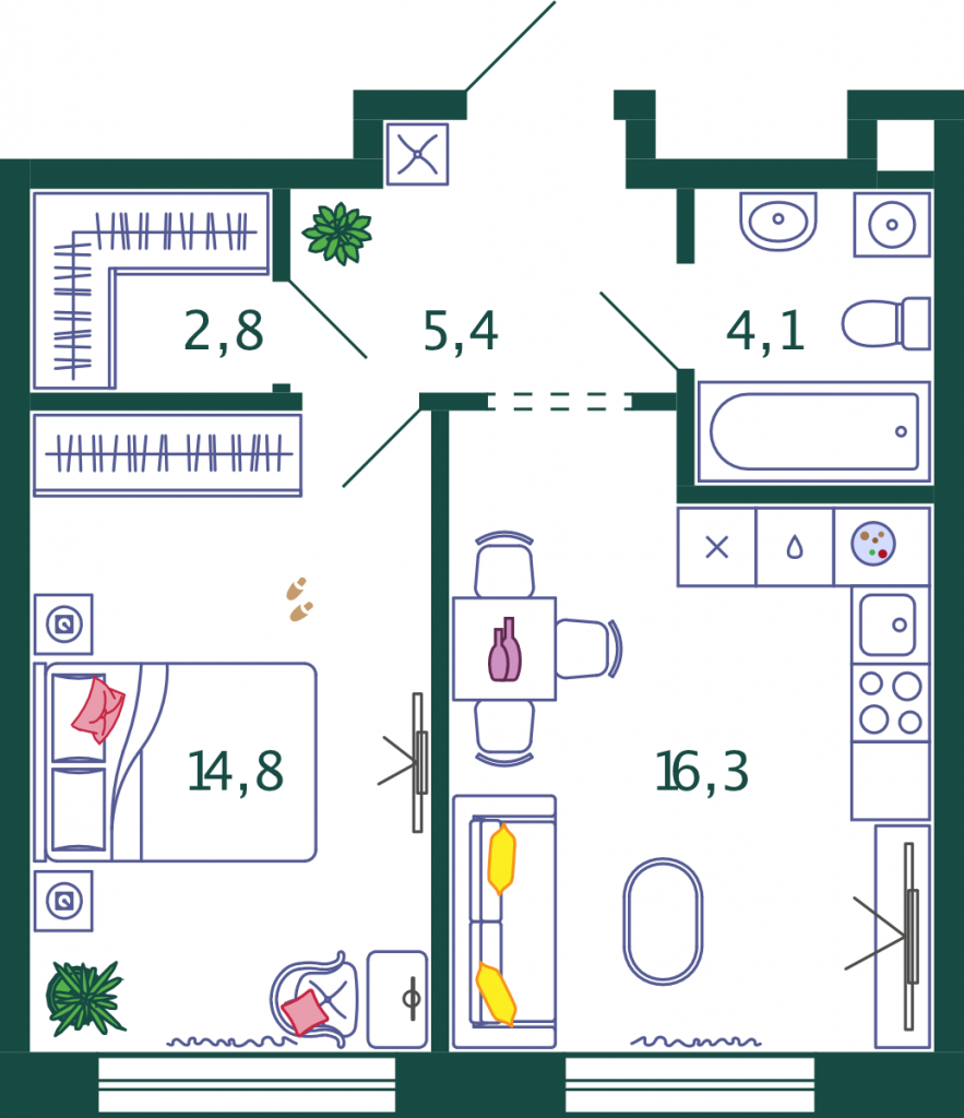 1-комнатная квартира 43.4 м2, 4-й этаж