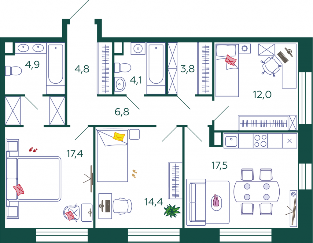 3-комнатная квартира 85.7 м2, 5-й этаж