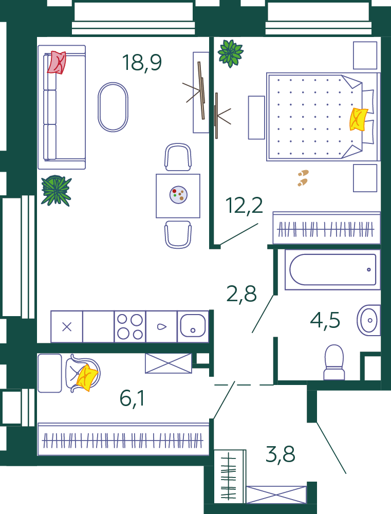 1-комнатная квартира 48.3 м2, 8-й этаж