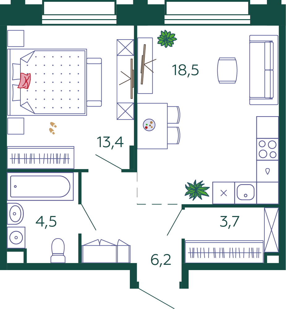 1-комнатная квартира 46.3 м2, 8-й этаж