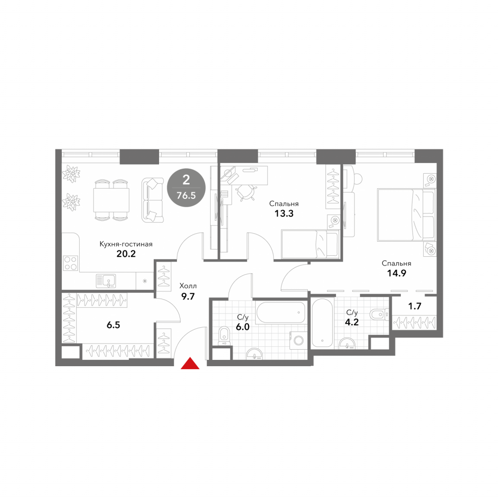 2-комнатная квартира 76.5 м2, 10-й этаж