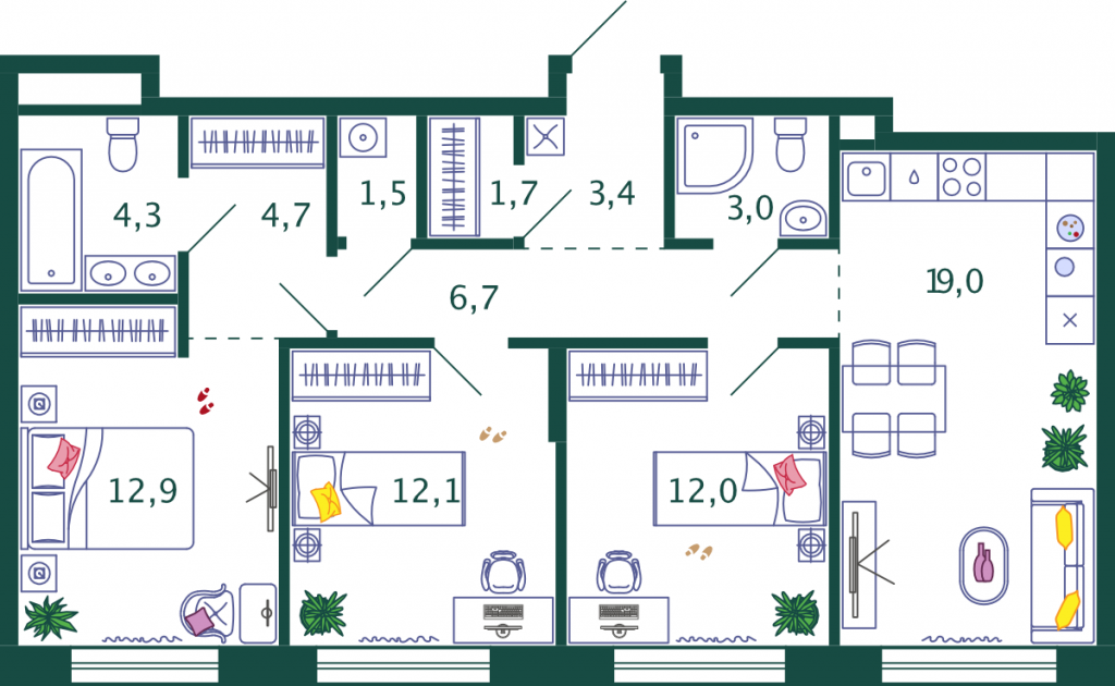 3-комнатная квартира 81.3 м2, 8-й этаж