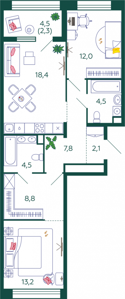 2-комнатная квартира 73.6 м2, 4-й этаж