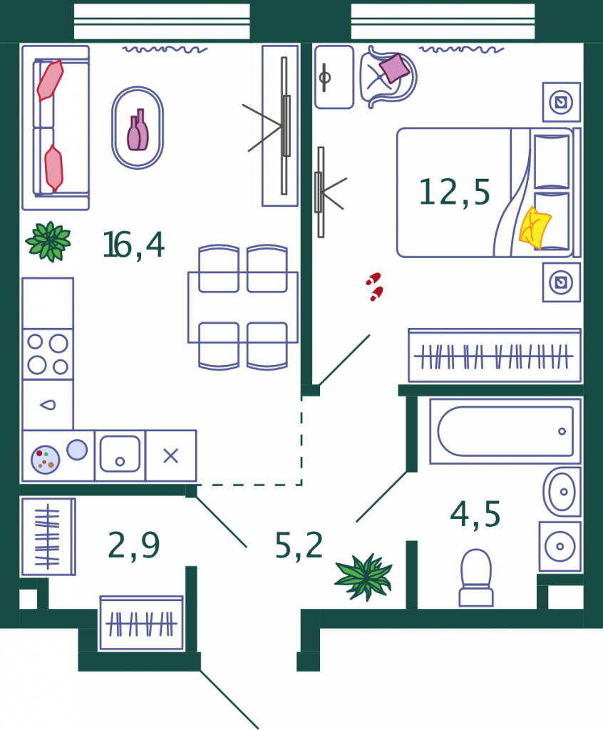 1-комнатная квартира 41.5 м2, 6-й этаж