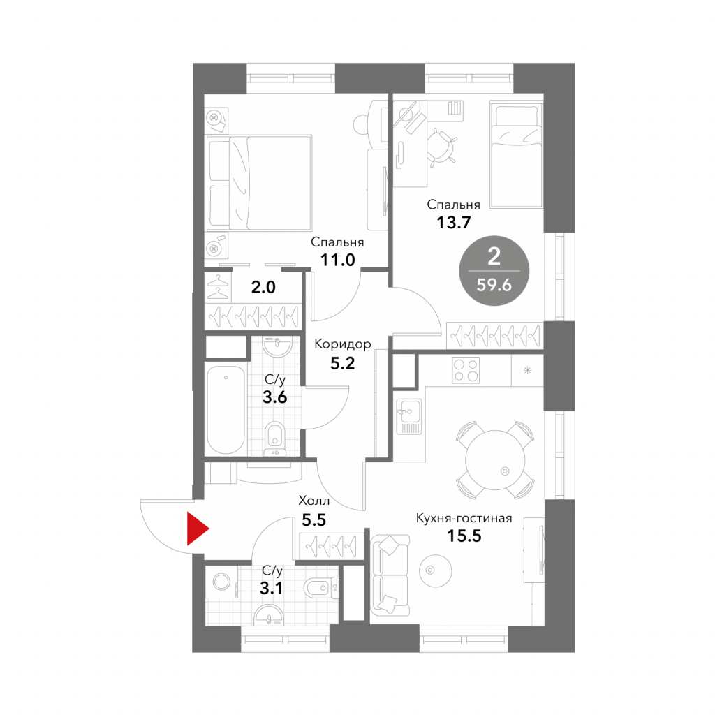 2-комнатные апартаменты 59.6 м2, 16-й этаж