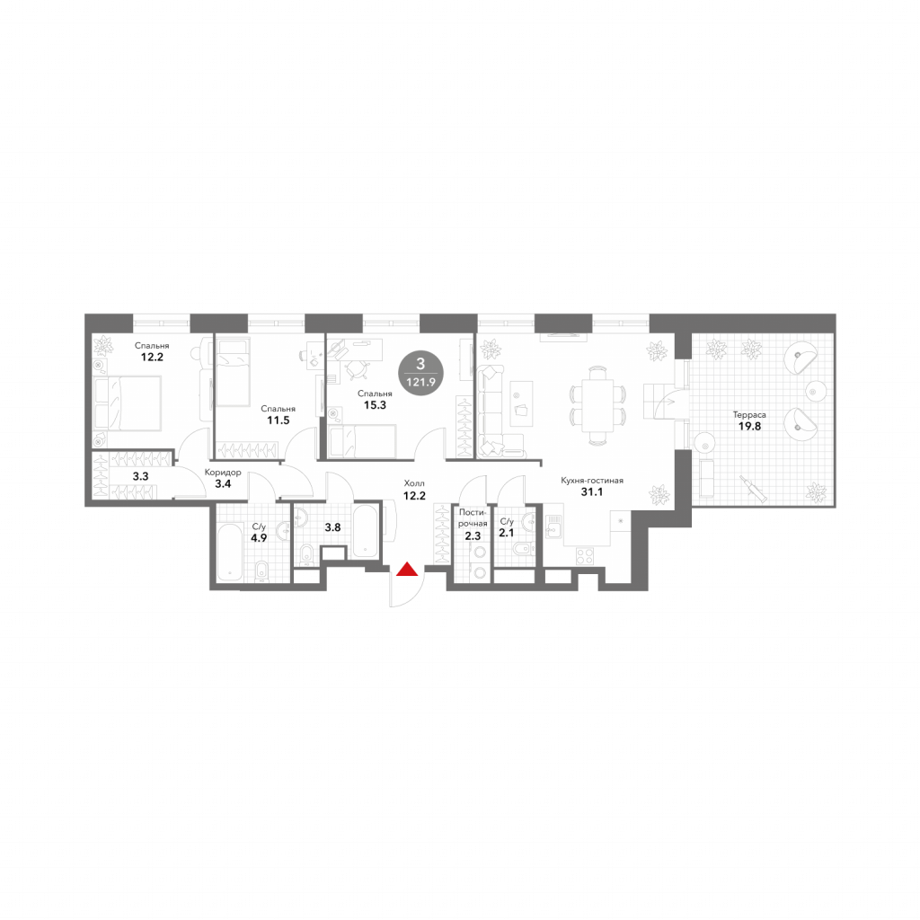3-комнатные апартаменты 121.9 м2, 19-й этаж