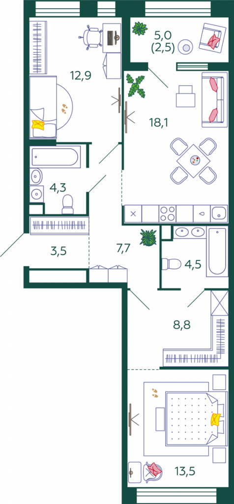 2-комнатная квартира 75.8 м2, 9-й этаж