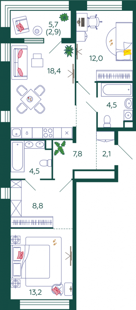 2-комнатная квартира 74.2 м2, 9-й этаж