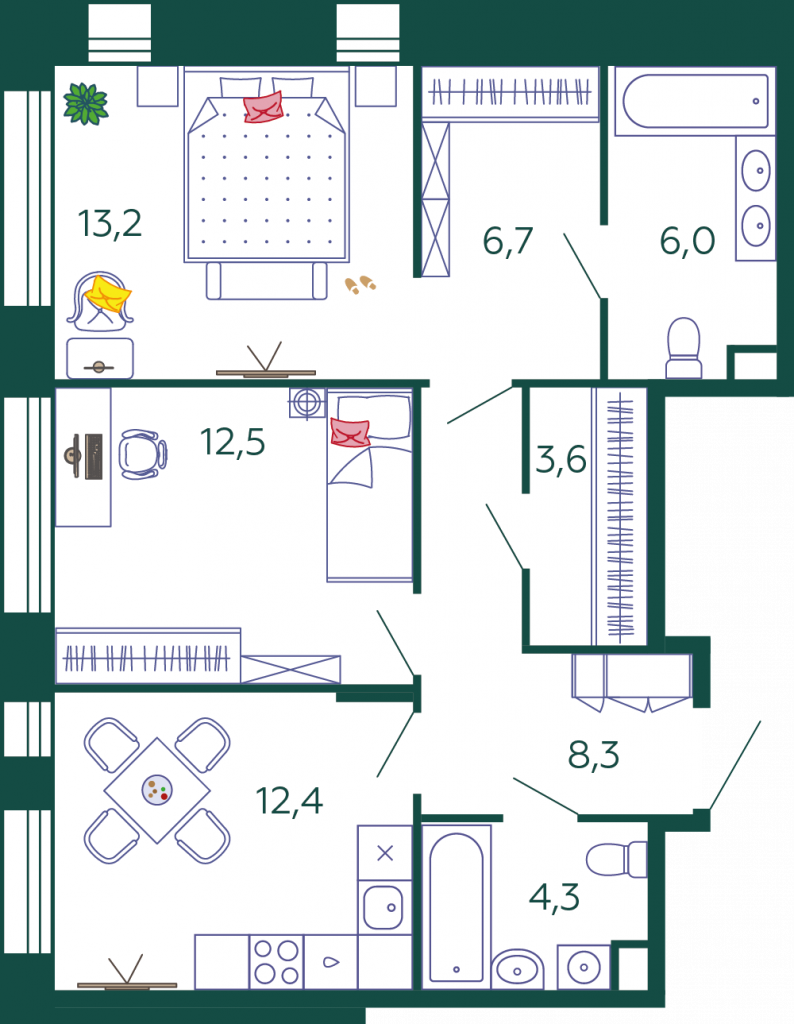 2-комнатная квартира 67 м2, 13-й этаж