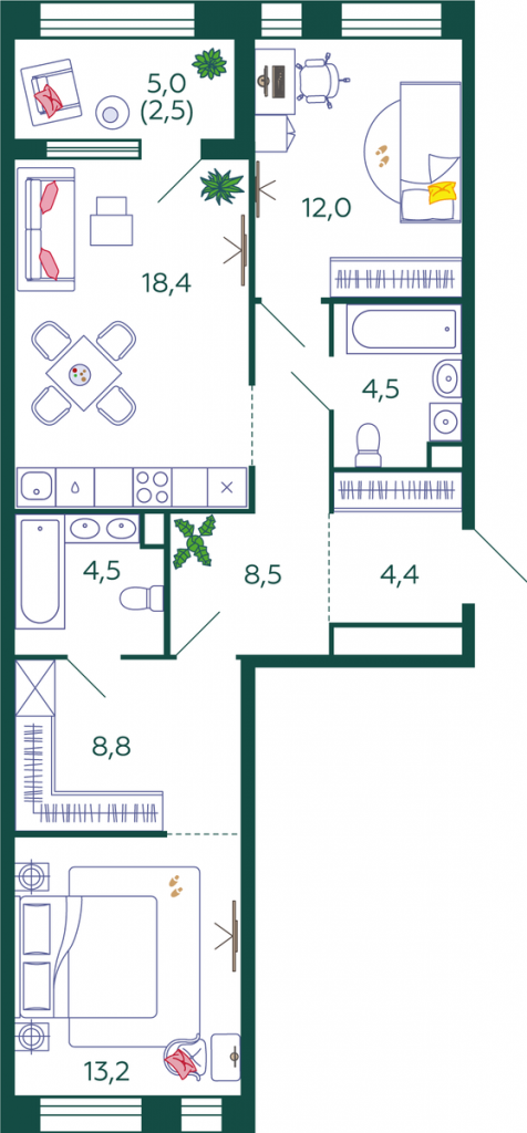 2-комнатная квартира 76.8 м2, 11-й этаж