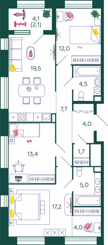 3-комнатная квартира 91.1 м2, 7-й этаж