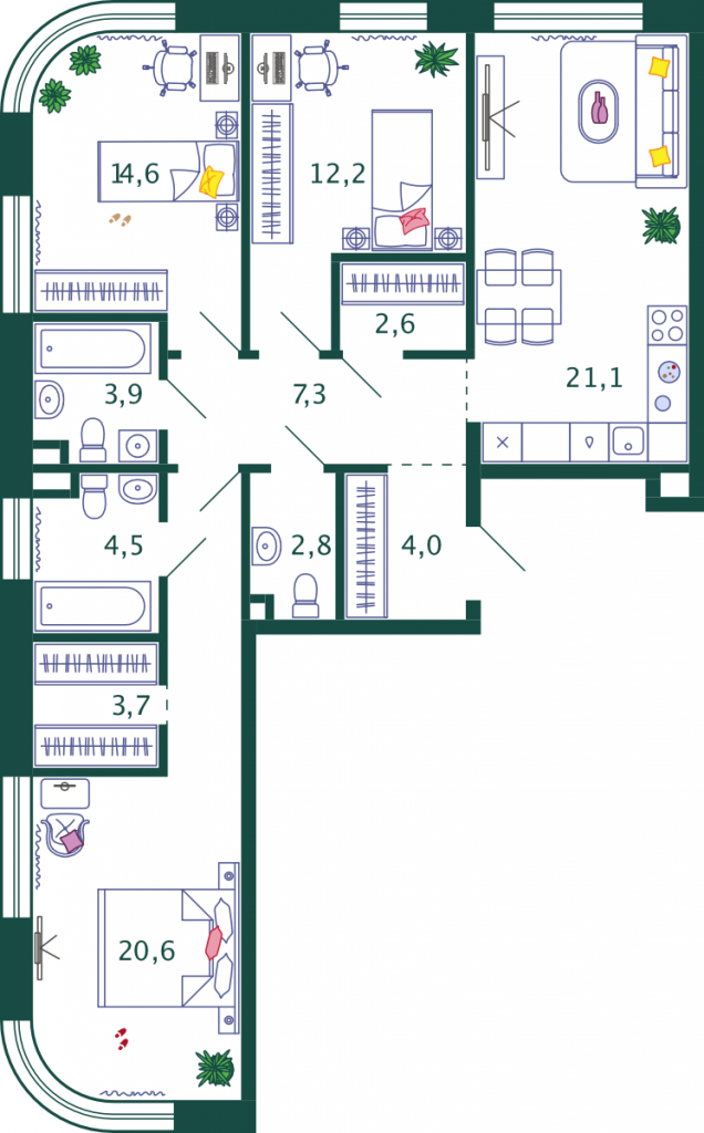 3-комнатная квартира 97.3 м2, 12-й этаж