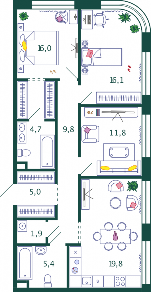 3-комнатная квартира 90.5 м2, 16-й этаж