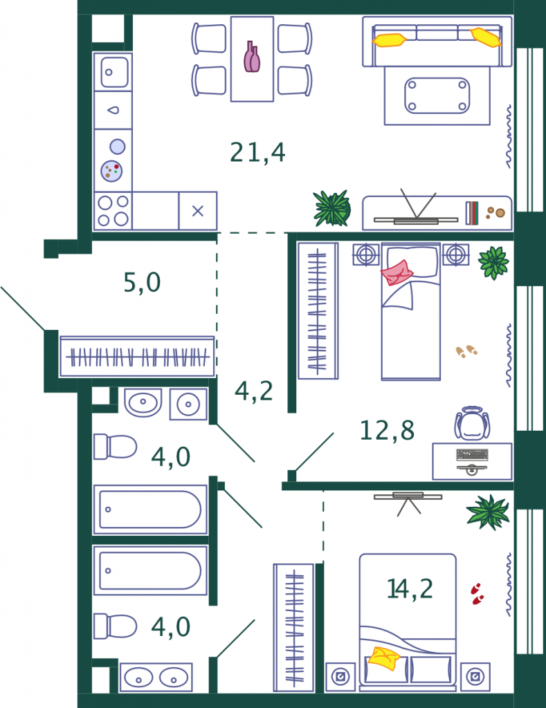 2-комнатная квартира 65.6 м2, 16-й этаж