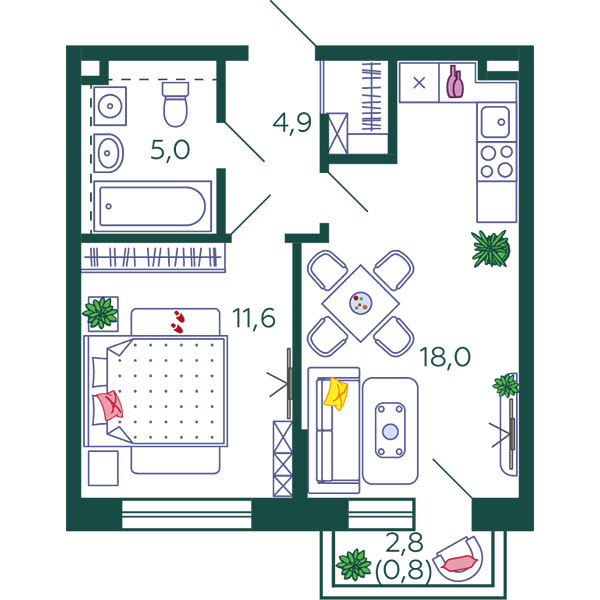 1-комнатная квартира 39.4 м2, 9-й этаж