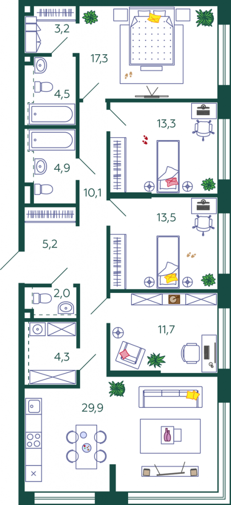 4-комнатная квартира 119.9 м2, 28-й этаж