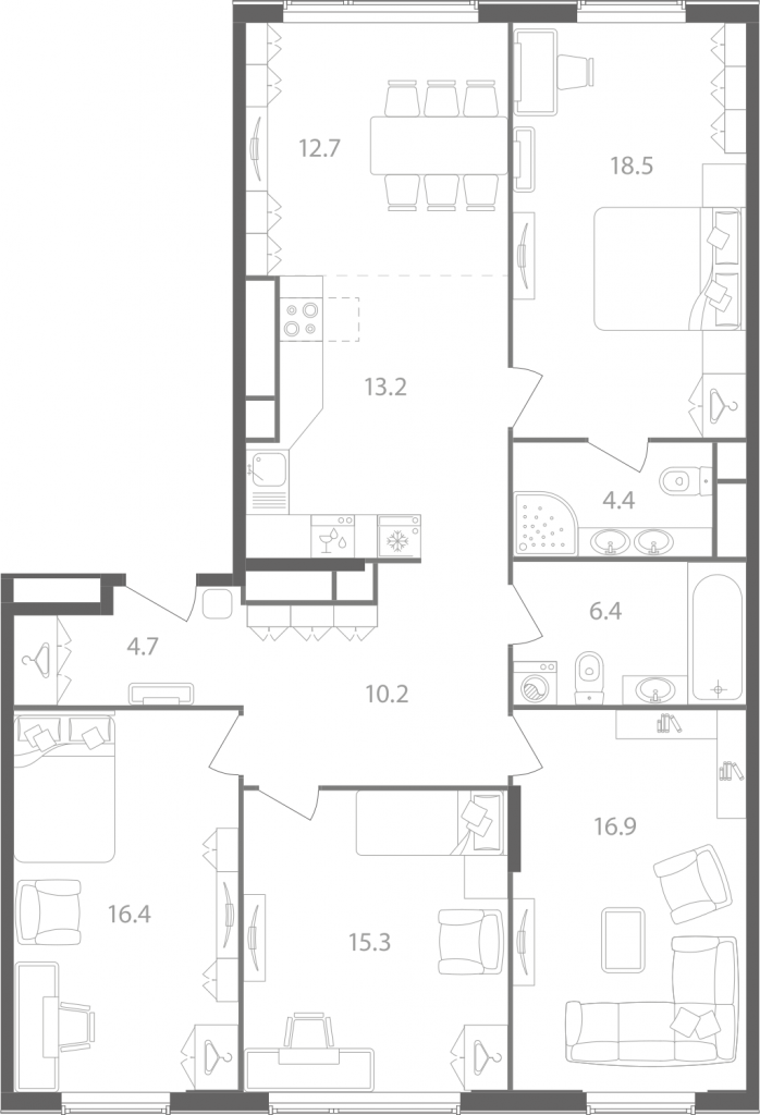 4-комнатная квартира 117 м2, 14-й этаж