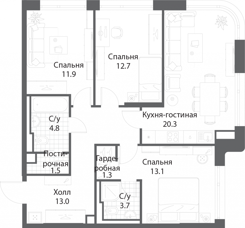 3-комнатная квартира 81.9 м2, 22-й этаж