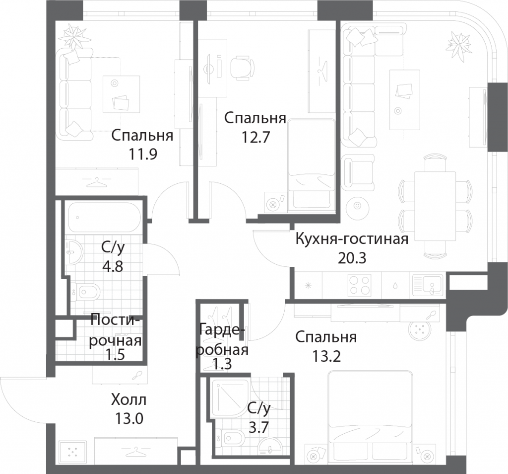 3-комнатная квартира 82.2 м2, 23-й этаж