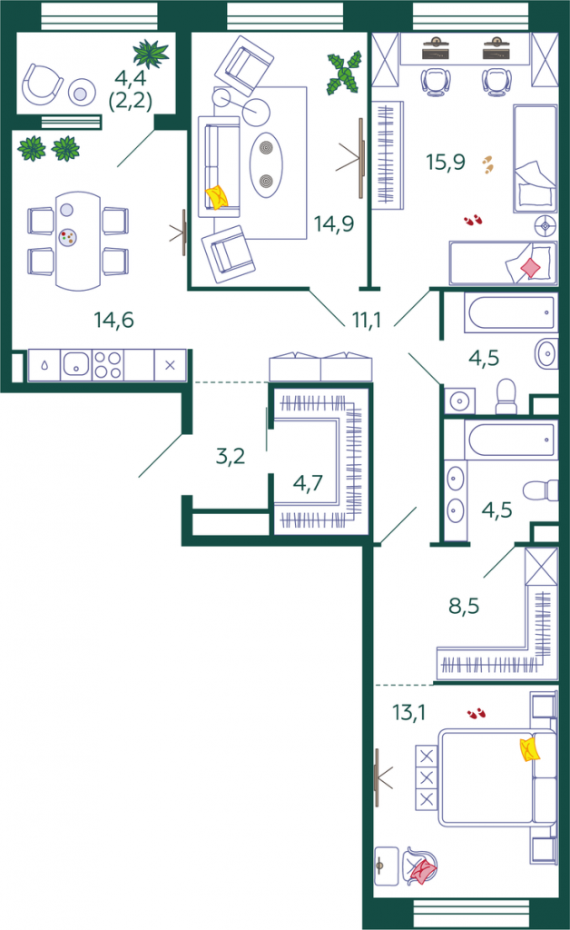 3-комнатная квартира 97.2 м2, 3-й этаж