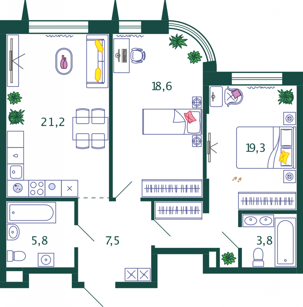 2-комнатная квартира 76.2 м2, 7-й этаж