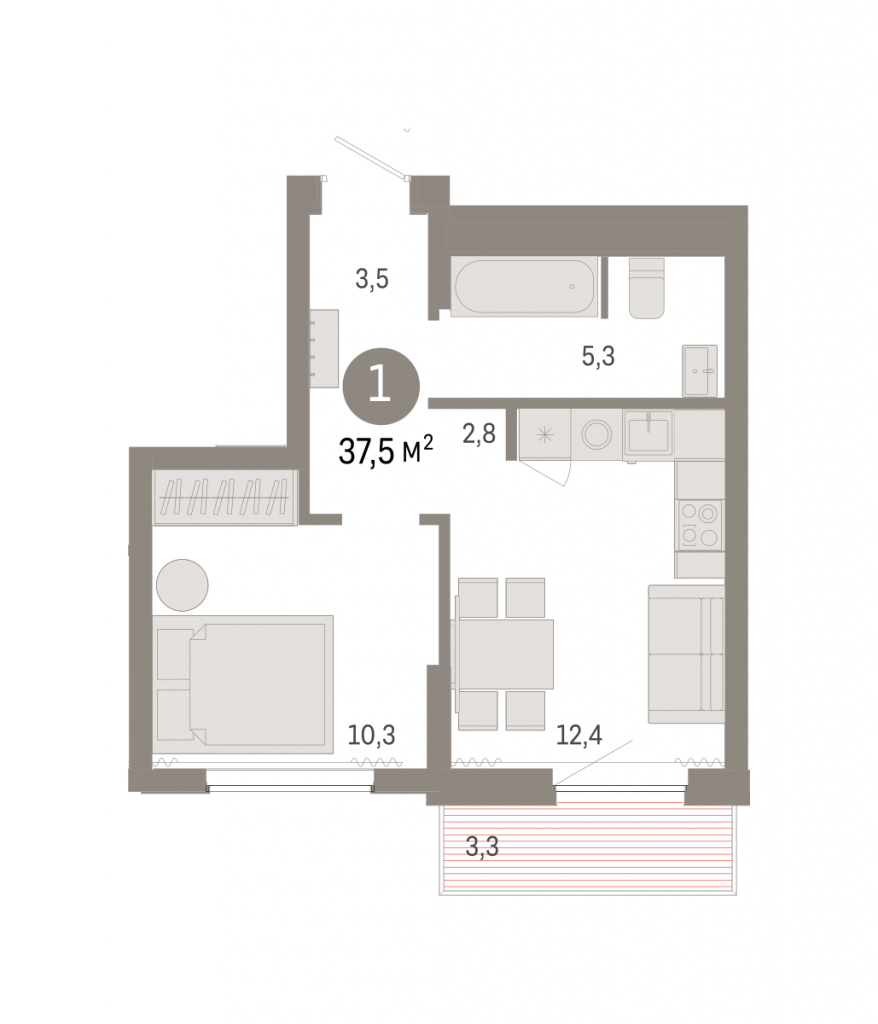 1-комнатная квартира 37 м2, 5-й этаж