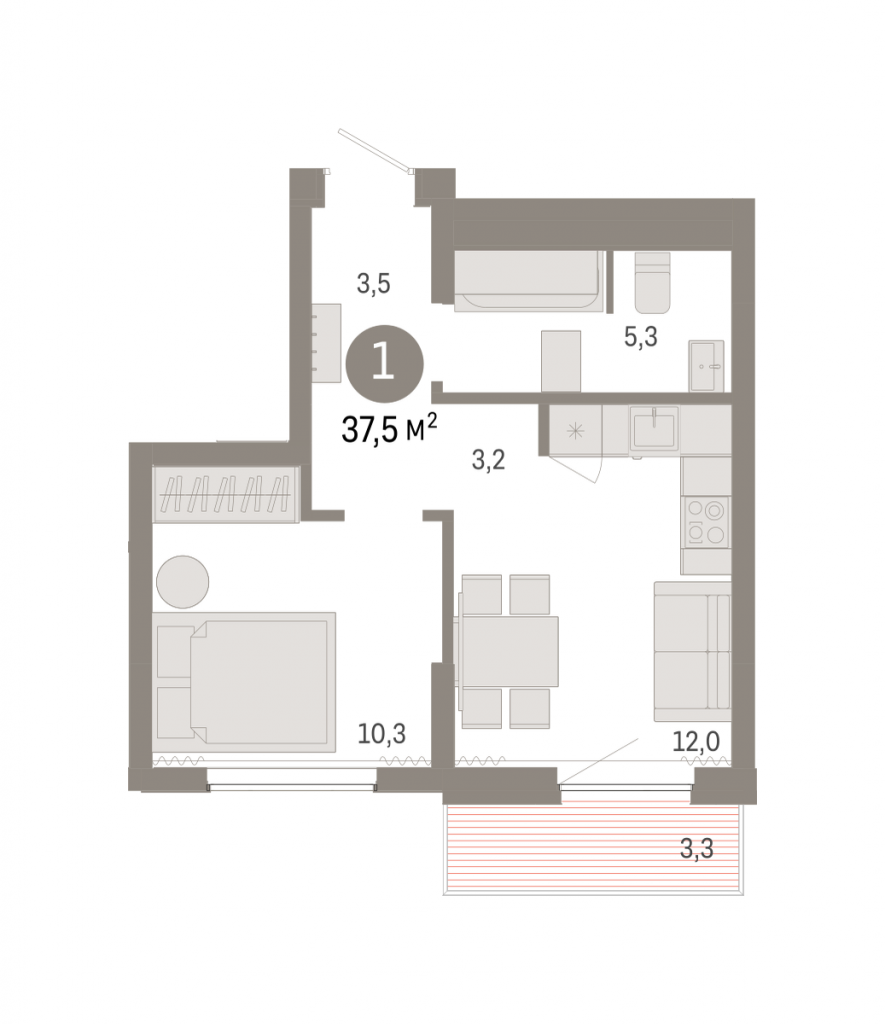 1-комнатная квартира 37 м2, 3-й этаж
