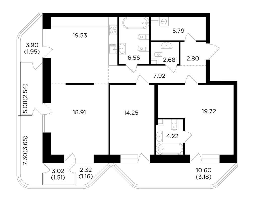 3-комнатная квартира 116.37 м2, 3-й этаж