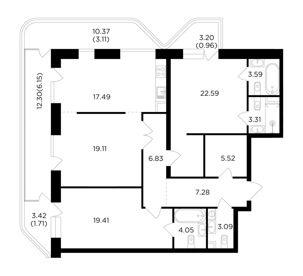 3-комнатная квартира 124.2 м2, 4-й этаж