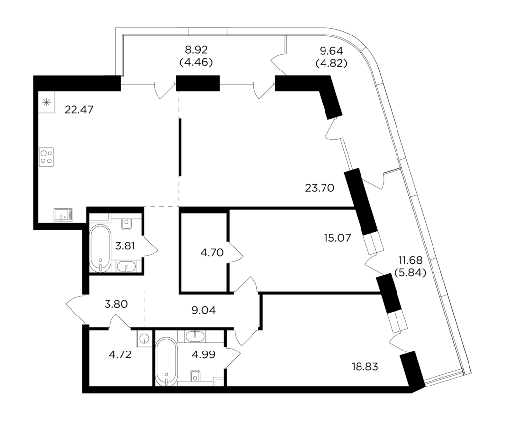 3-комнатная квартира 126.25 м2, 3-й этаж