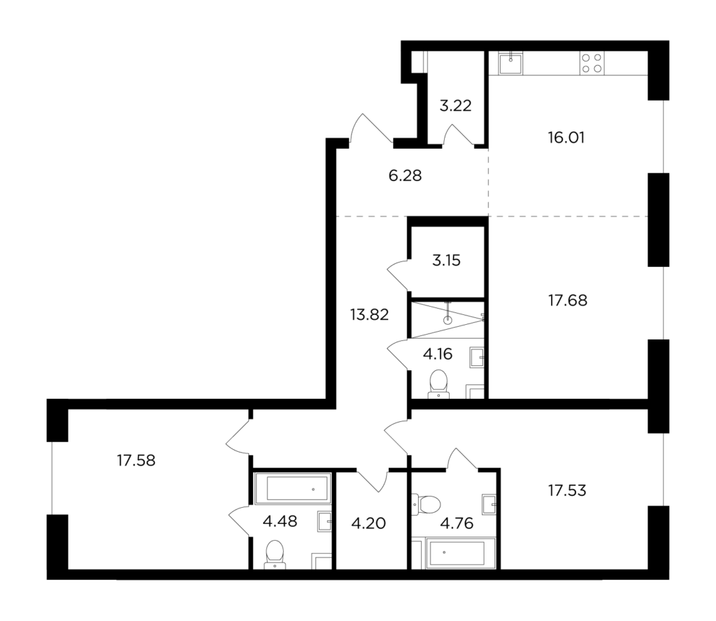 3-комнатная квартира 112.87 м2, 14-й этаж