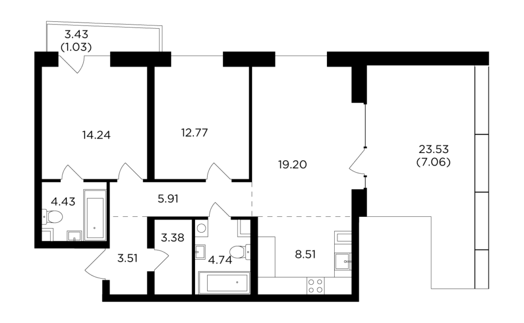 3-комнатная квартира 84.78 м2, 15-й этаж