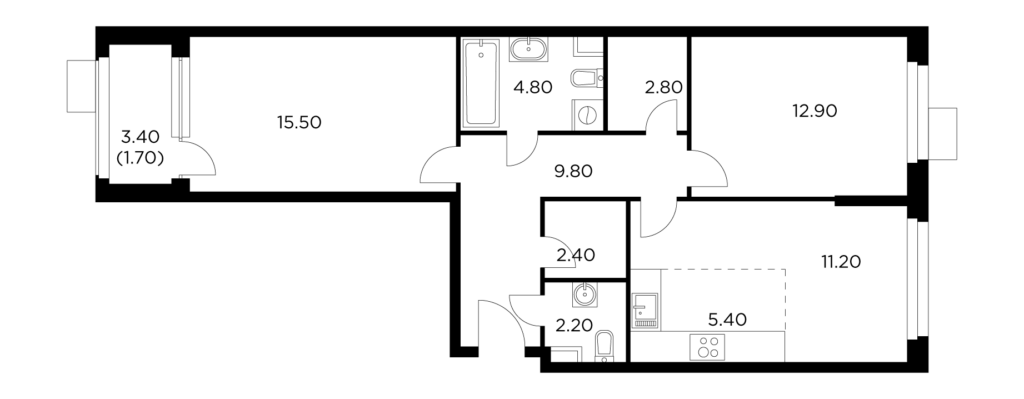 3-комнатная квартира 68.7 м2, 7-й этаж