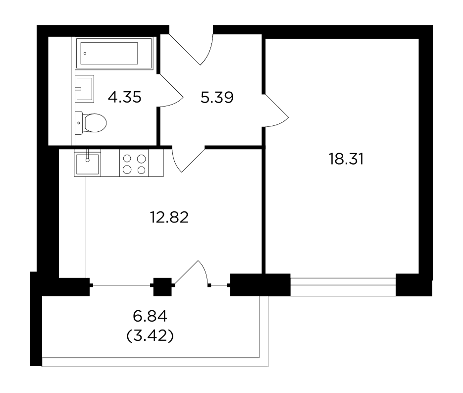 1-комнатная квартира 44.29 м2, 26-й этаж
