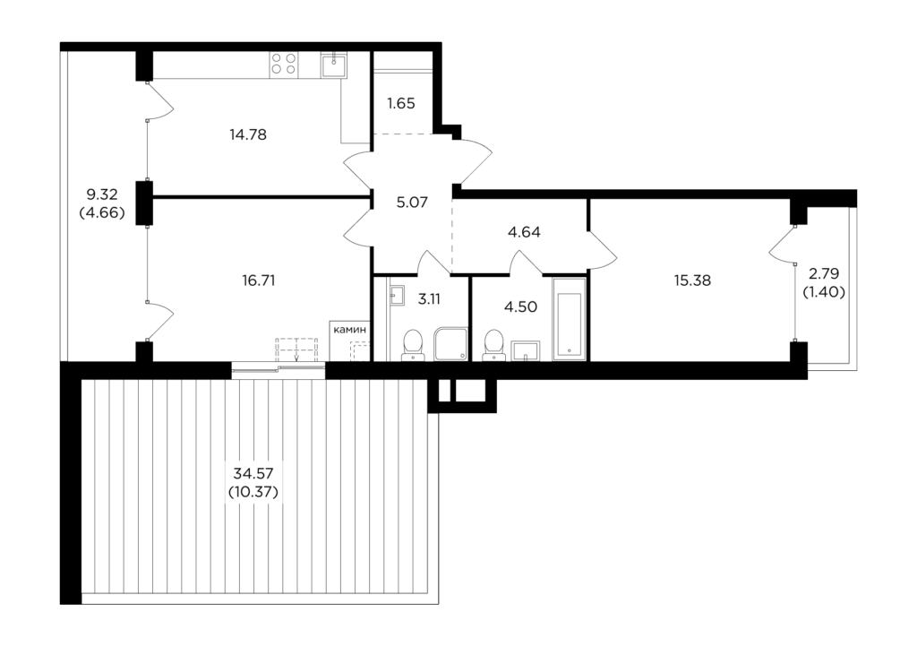 2-комнатная квартира 82.27 м2, 15-й этаж
