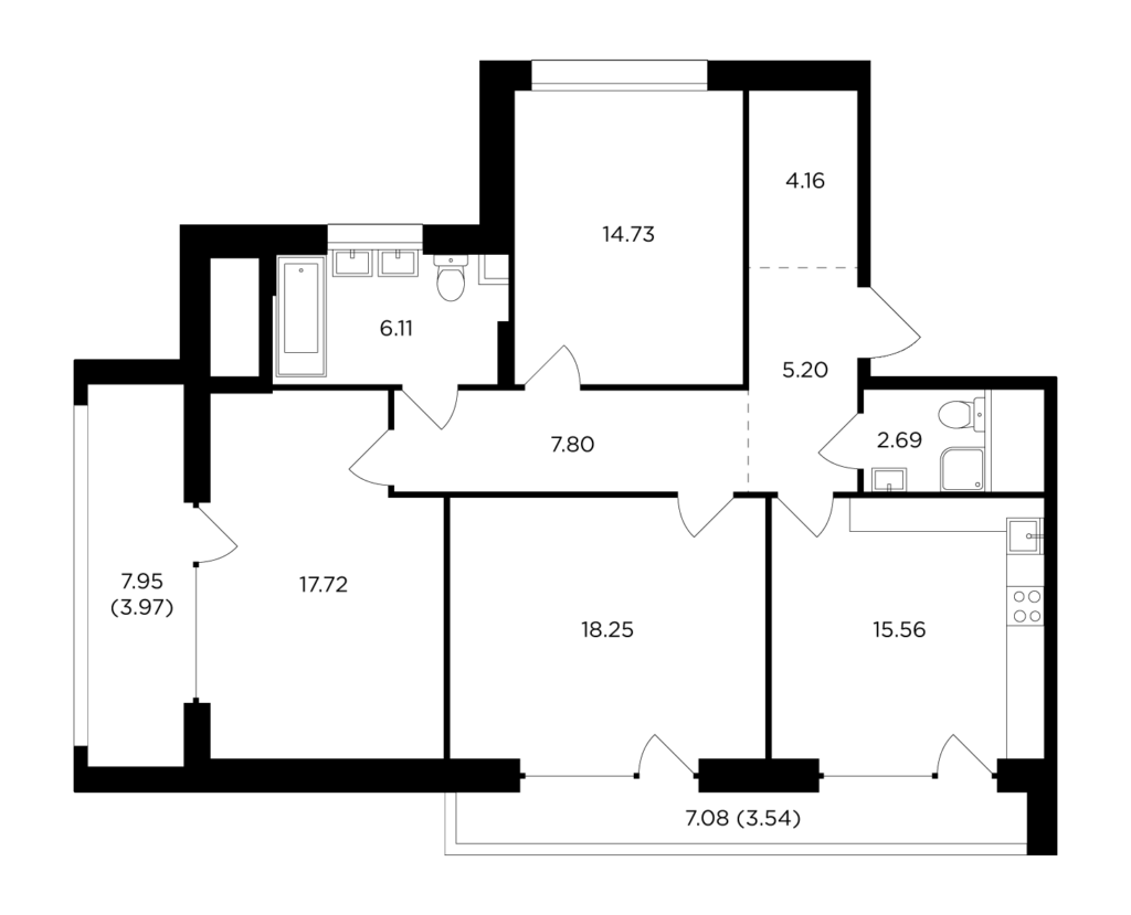 3-комнатная квартира 99.73 м2, 12-й этаж