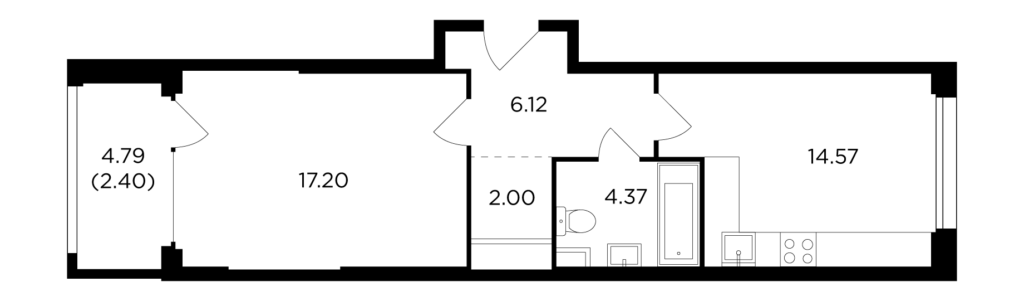 1-комнатная квартира 46.64 м2, 21-й этаж