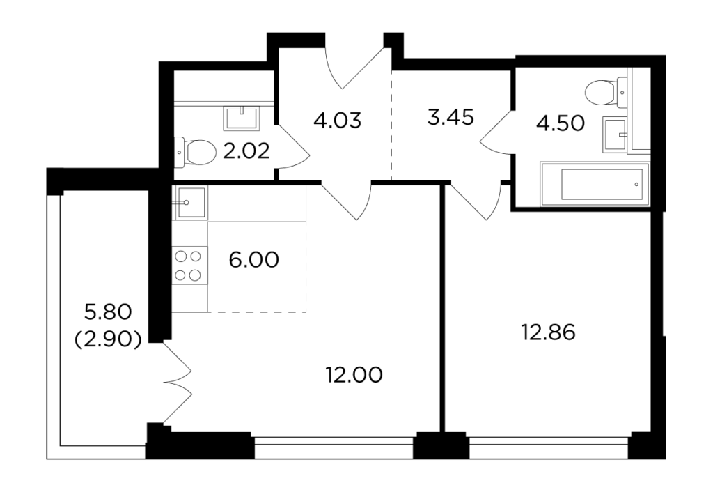2-комнатная квартира 47.76 м2, 21-й этаж