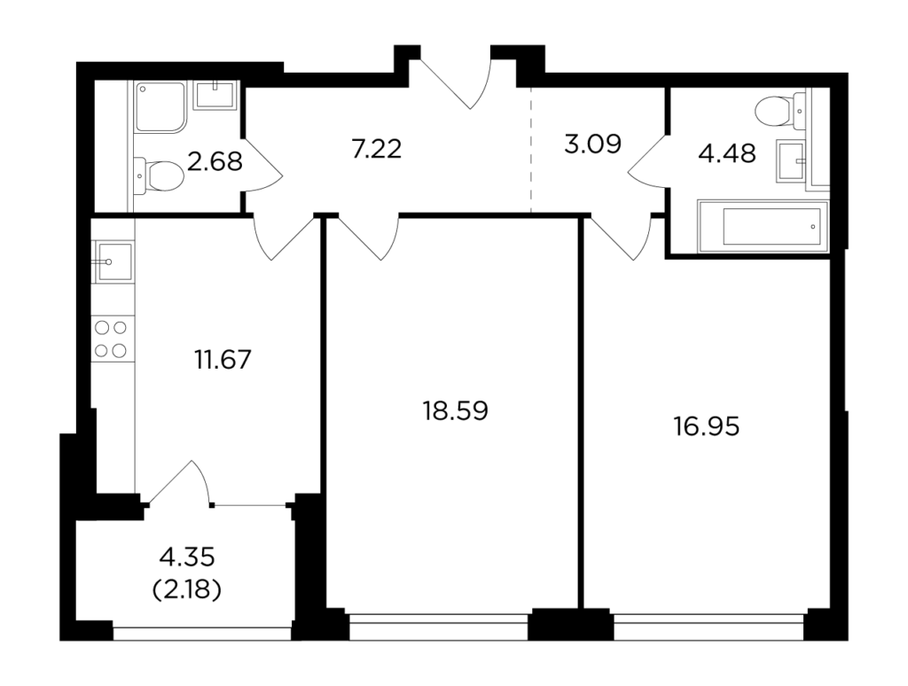 2-комнатная квартира 66.86 м2, 21-й этаж