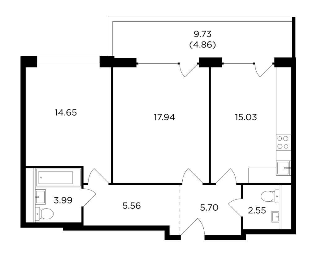 2-комнатная квартира 70.28 м2, 16-й этаж