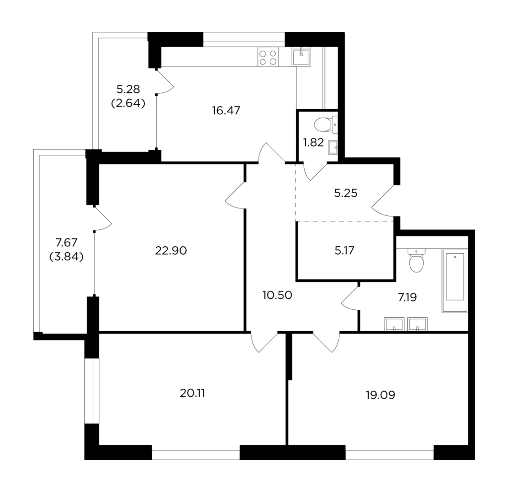 3-комнатная квартира 114.98 м2, 7-й этаж