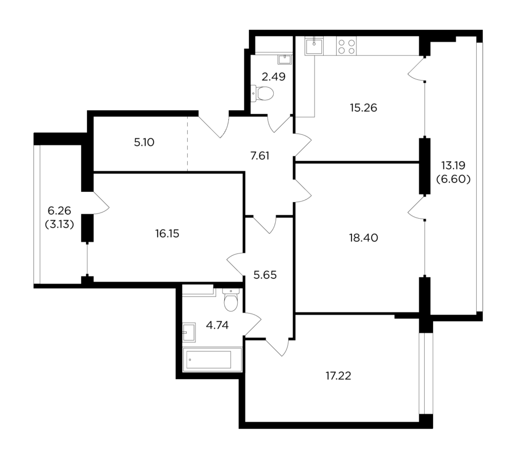 3-комнатная квартира 102.35 м2, 2-й этаж