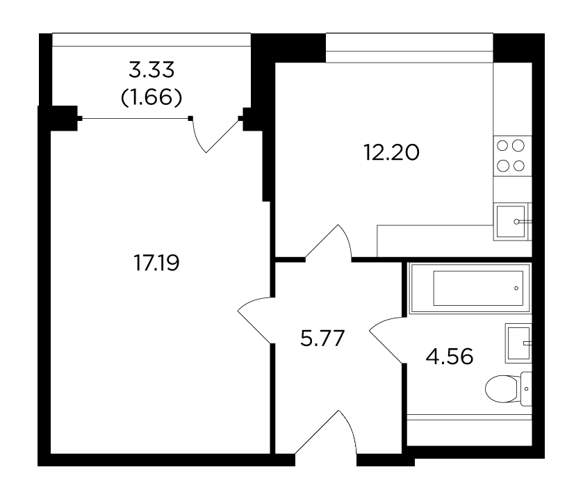 1-комнатная квартира 41.38 м2, 3-й этаж