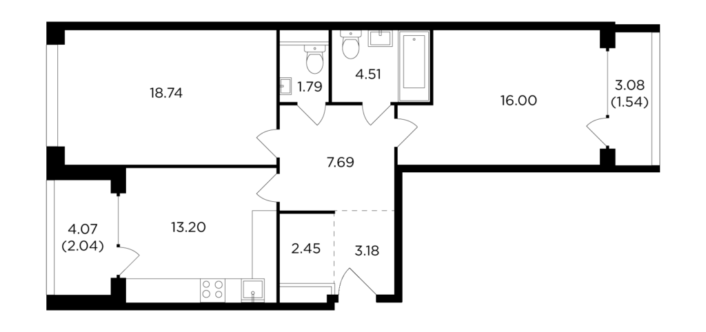 2-комнатная квартира 71.14 м2, 9-й этаж