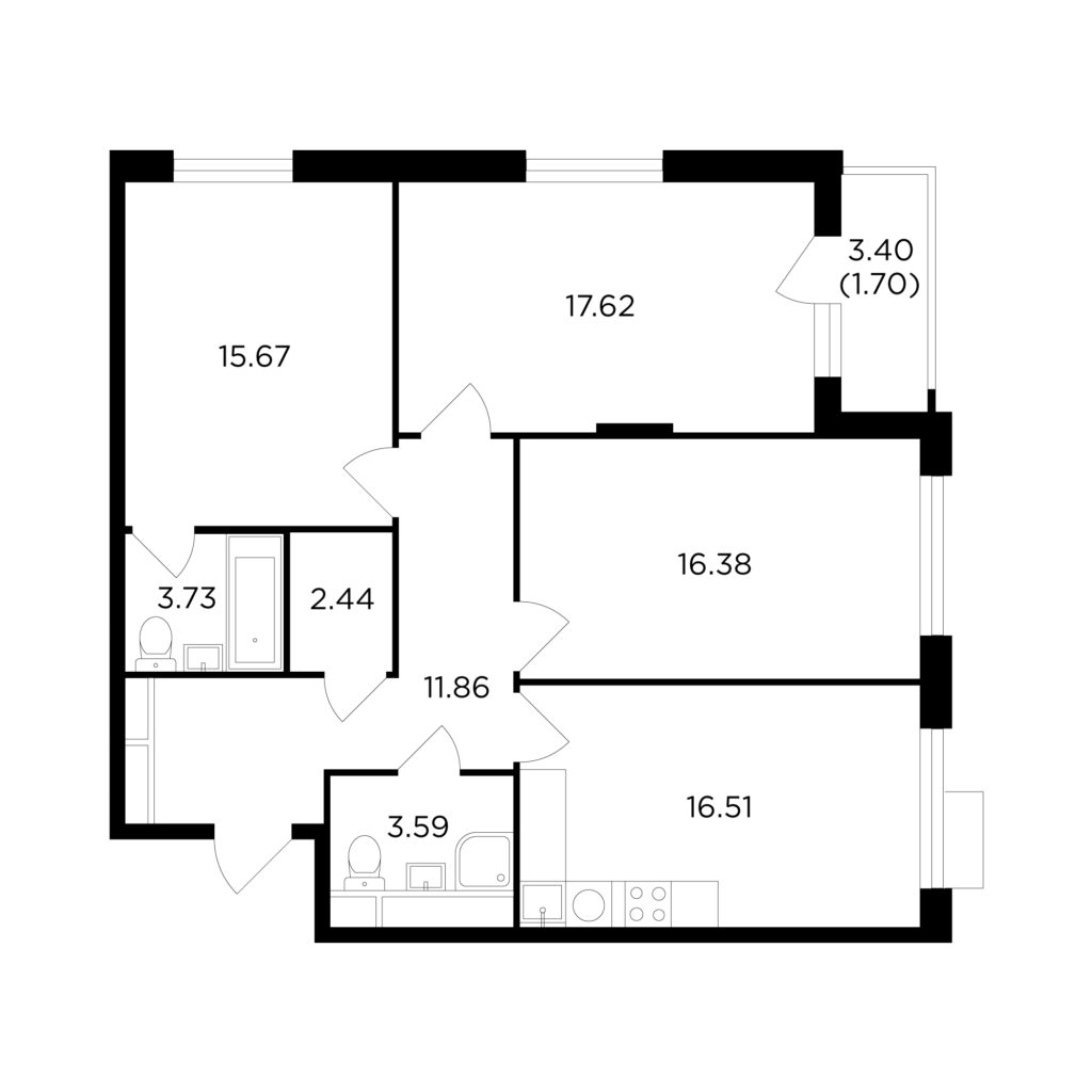 3-комнатная квартира 88.63 м2, 4-й этаж