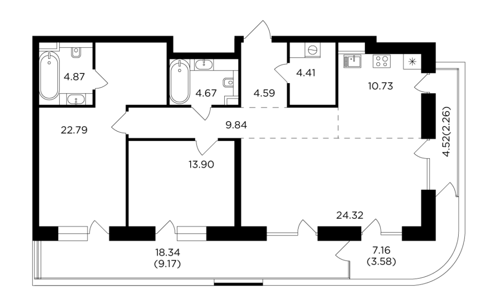 3-комнатная квартира 115.13 м2, 13-й этаж