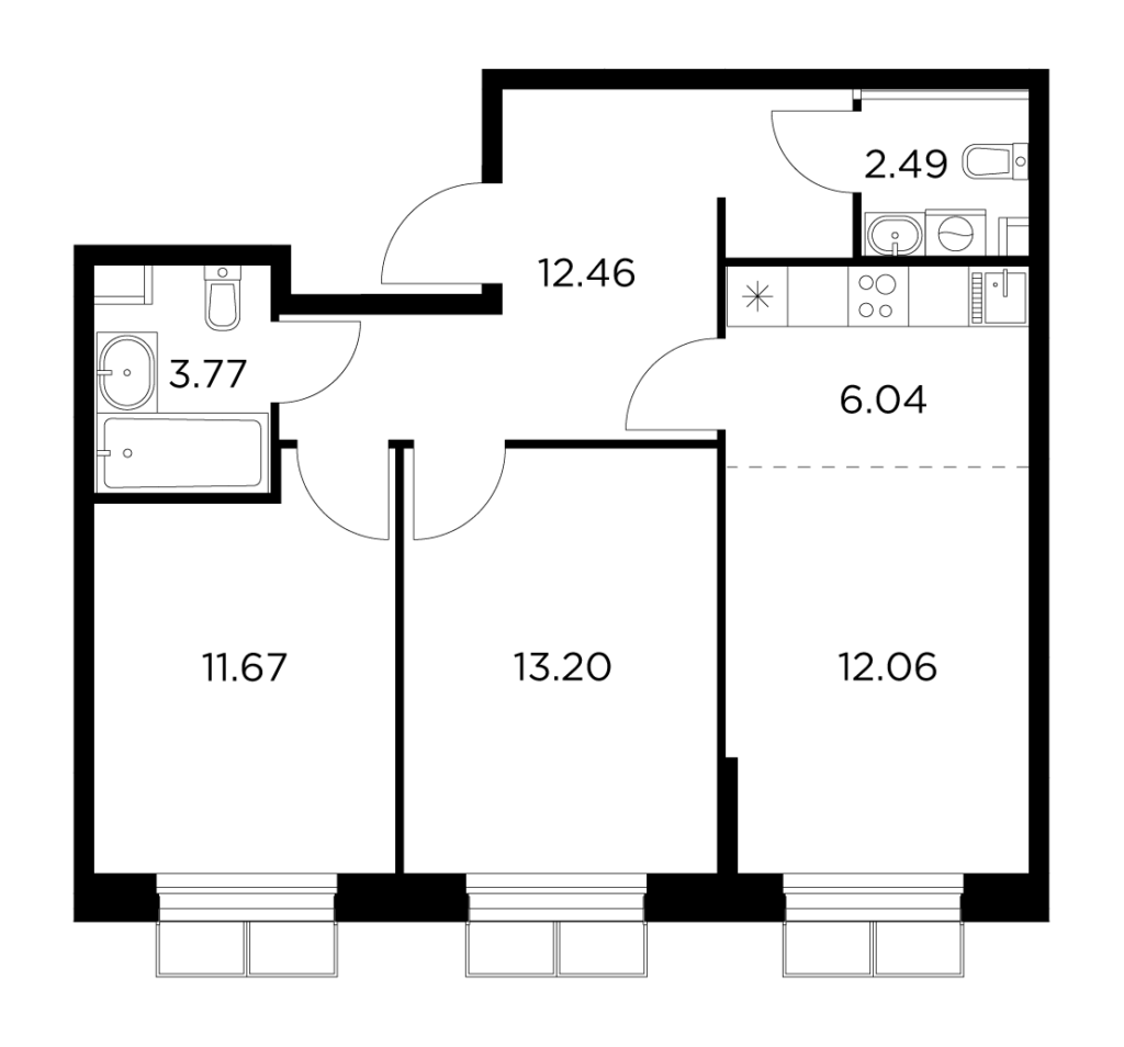 3-комнатная квартира 61.69 м2, 5-й этаж