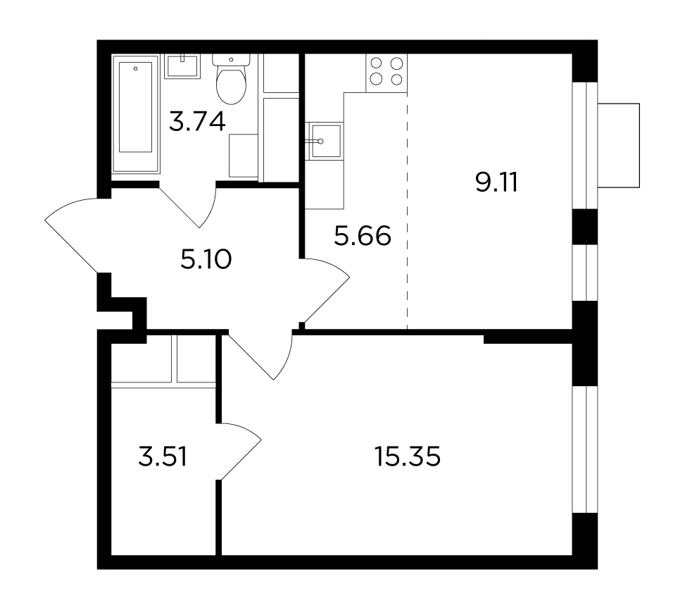 2-комнатная квартира 42.47 м2, 24-й этаж