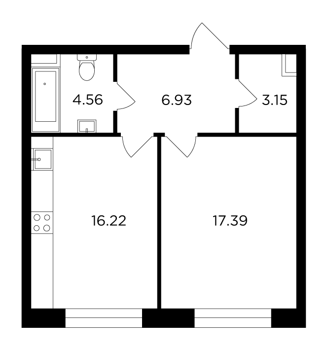 1-комнатная квартира 48.25 м2, 9-й этаж