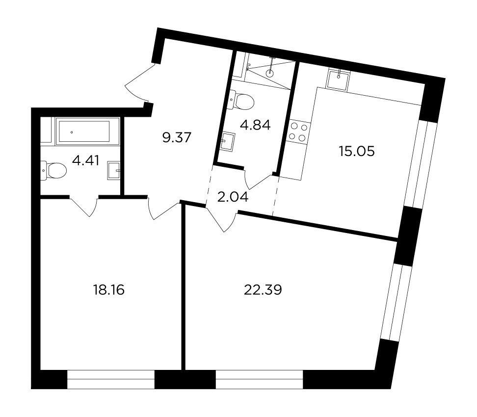 2-комнатная квартира 76.26 м2, 9-й этаж